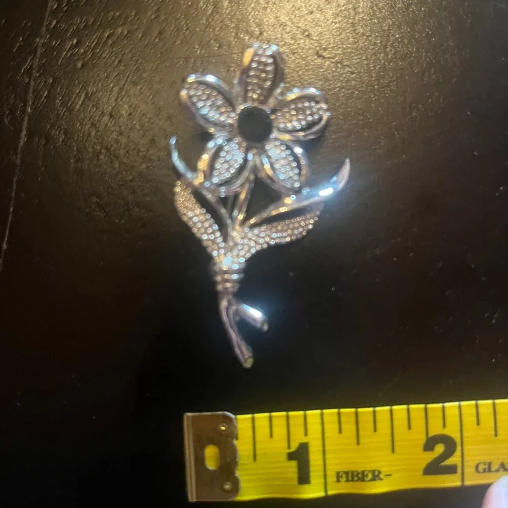 Vintage Silver Tone Daisy Brooch and Clip on Earring Set with Black Rhinestone